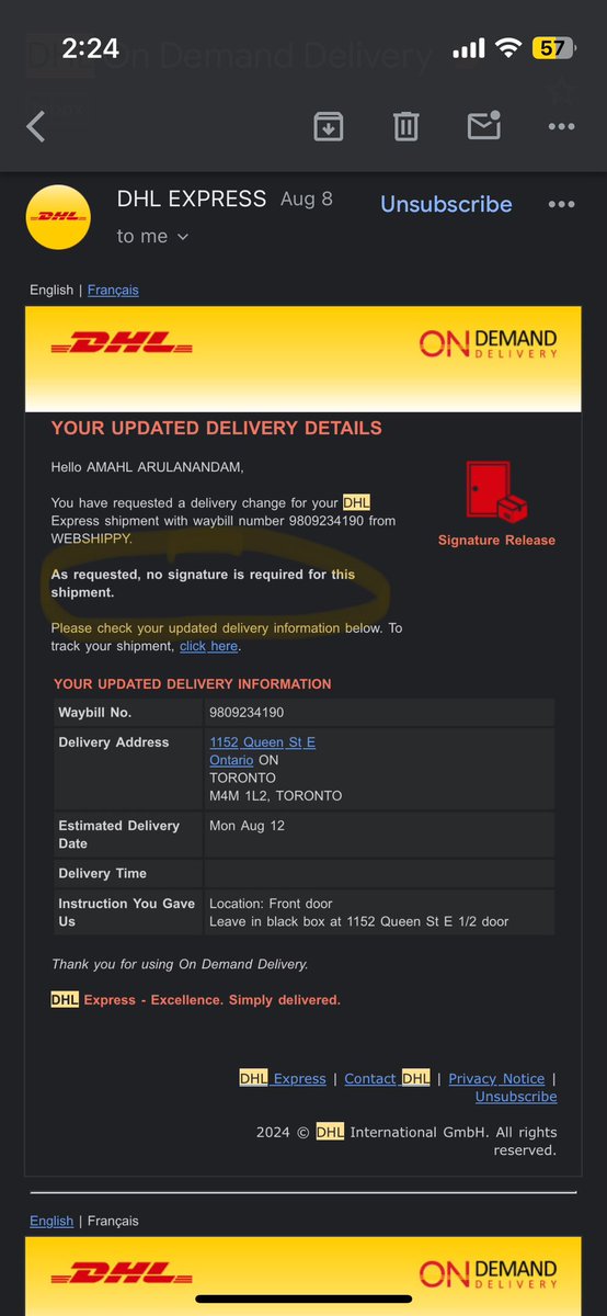 DrAWho's tweet photo. @DHLCanadaHelp what the hell?  I requested no signature required for a delivery I needed today, and the courier didn’t deliver, citing signature needed. https://t.co/v1C4MR8Te7