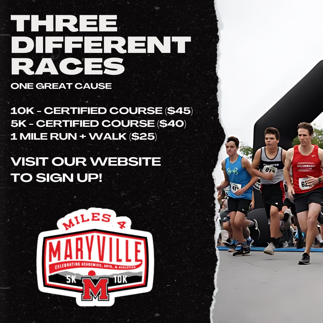 Whether you're a seasoned runner or just starting out, #Miles4Maryville has something for everyone. 🏃‍♂️ 

Choose from 3 different races tailored for all fitness levels, and help us support our schools! 🏅

#MaryvilleStrong | #Miles4Maryville