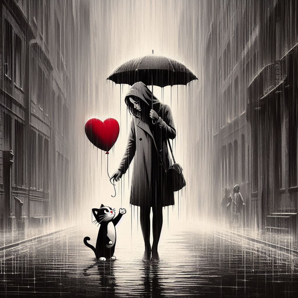 diamantencop77's tweet photo. Manchmal findet #Liebe ihren Weg durch die dunkelsten #Wolken, getragen von kleinen #Gesten und großen #Herzen. 

#KIBilder #Banksystyle #Banksy #Katze #Luftballon #Regen https://t.co/iun55KDp5Q