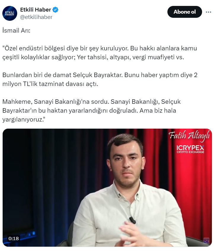ilker_akgungor's tweet photo. Doğrular unutturulduğunda yalanlar gerçek zannedilir…
 
Bugün Fatih Altaylı’nın sosyal medya kanalında Birgün Gazetesi Muhabiri İsmail Arı’nın açıklamalarına binaen yapılan paylaşımlarda, kendisine Baykar’ın tesislerinin yer aldığı özel endüstri bölgesine yönelik haber yaptığı için Baykar yönetimi tarafından dava açıldığı öne sürülmektedir. 
 
Açılan davanın sebebi söz konusu haberde yer alan yalan bilgi ve kişilik haklarına karşı yapılan saldırıdır. Aynı zamanda Baykar'ın kendi kaynakları ile gerçekleştirdiği projelere devletin parasının aktarıldığı izlenimi verilerek itibar suikastı yapılmasıdır. 
 
Söz konusu haberde Baykar’ın vergi ödemediği iddia edilmiştir. Gelir İdaresi Başkanlığı tarafından 2023 yılında yapılan açıklamaya göre gelirlerinin %90’ından fazlasını ihracattan elde eden Baykar, 2023 yılında (2022 yılı için) en yüksek vergi ödeyen şirketlerden biri olarak 6.4 milyar TL vergi ödemiştir. Aynı dönemde şirket ortakları 800 milyon lira gelir vergisi ödemiş ve 2021 ile 2022 yıllarının vergi rekortmeni olmuşlardır. 
 
Yatırımların artırılması için ilan edilen 28 özel endüstri bölgesinden biri olan İstanbul Özel Endüstri Bölgesinin altyapı dâhil olmak üzere tüm maliyetleri Baykar tarafından karşılanmıştır. 
 
İstanbul Özel Endüstri Bölgesi için hiçbir şekilde kamu harcaması yapılmamıştır. 
 
Söz konusu haberde yer alan teşvik iddialarına karşı da tarafımızdan birçok kez açıklama yapılmıştır. 
 
Altını çizerek bir kez daha belirtiriz ki, Baykar bugüne kadar yapmış olduğu yatırımlarda hiçbir zaman nakdi teşvik kullanmamıştır. 
 
Yatırım kredileri için faiz veya kar payı desteği, nitelikli personel desteği, enerji desteği, hibe desteği gibi nakdi unsurlardan hiçbiri Baykar tarafından talep edilmemiş ve Baykar’a sunulmamıştır. 
 
Ayrıca destek kararında sunulan yatırım yeri tahsisi ve SGK prim destekleri de bugüne kadar Baykar tarafından kullanılmamıştır.

Baykar’ın yaptığı tüm yatırımlar kendi öz kaynaklarından karşılanmaktadır.
 
Devletin yatırım teşvik uygulamaları çerçevesinde sağladığı vergi indirimleri ise yabancı şirketler dâhil olmak üzere tüm yatırımcı firmalara tanınan yasal haklardır.
 
Birgün Gazetesi’nin iftiralar içeren haberleri nedeniyle açılan 9 davanın 6’sı kazanılmış, 2’si istinaf aşamasında olup, 1 dava ise yerel mahkemede devam etmektedir. 
 
Şimdiye kadar kazanılan tazminatlar, genç gazeteci adaylarına burs olarak bağışlanmaktadır ve bu dava da kazanılırsa aynı şekilde üniversite öğrencilerine burs sağlanacaktır.