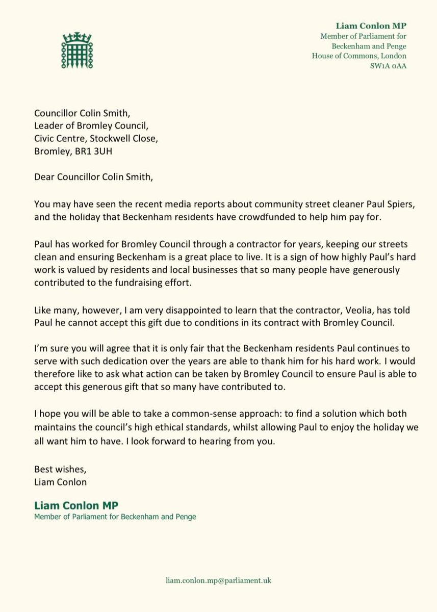 I share the disappointment of many that community street cleaner Paul Spiers has been told he is unable to accept the gift of a holiday from Beckenham residents

My letter to the Leader of Bromley Council. Let’s use some common-sense so Paul can enjoy the holiday he deserves ⬇️