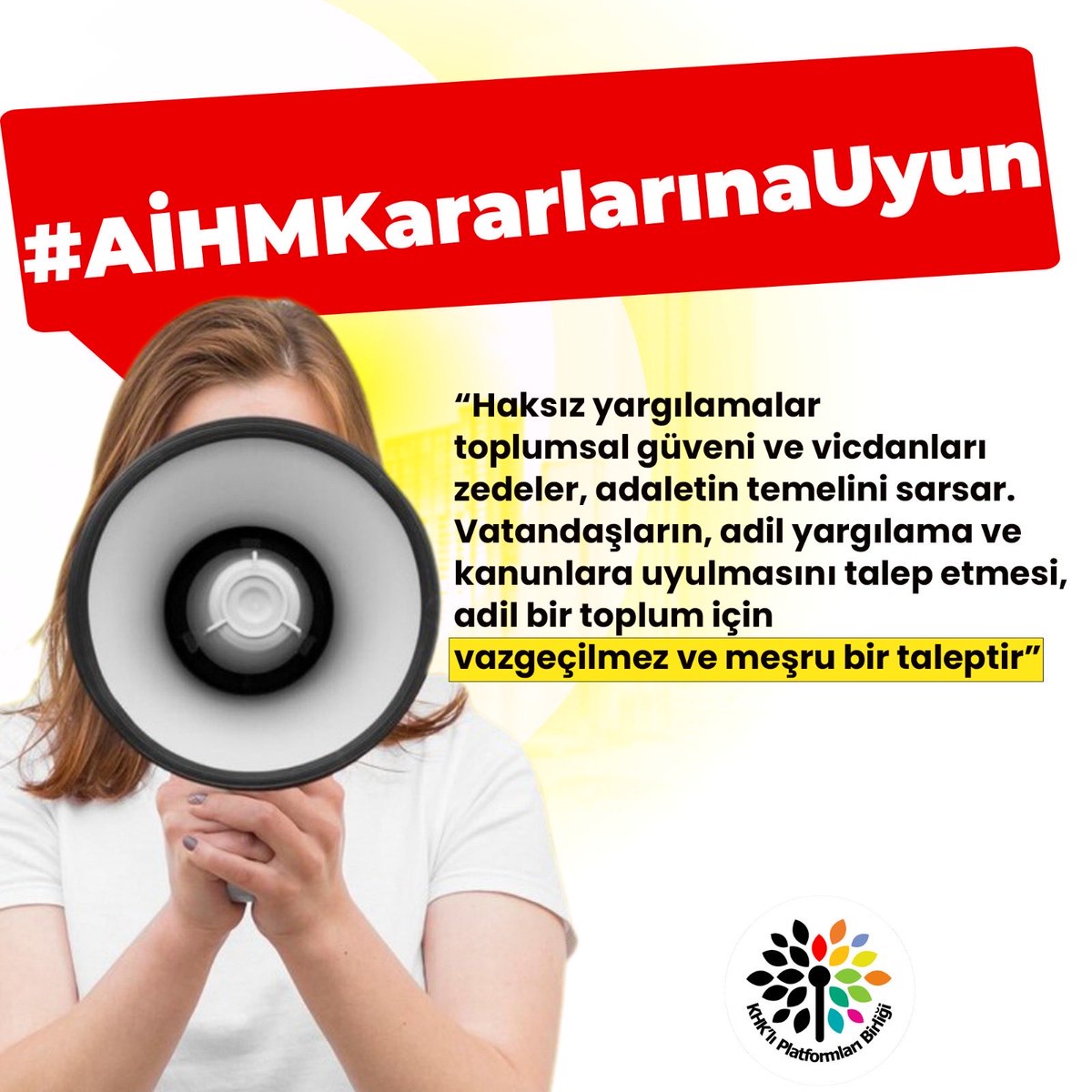 #AİHMKararlarınaUyun

AİHM Yalçınkaya kararı ile banka, okul, dernek, mesajlaşma uygulaması gibi kanunda suç olmayan eylemleri cezalandıramazsınız denildi.

🚫 Kanunsuz Suç ve Ceza Olmaz 🚫 

Adaletsiz yargılamalardan vazgeçin! 

<a href="/Turkiye_KHK/">KHK'lı Platformları Birliği</a> <a href="/Ankara_KHK/">Ankara KHK'lılar Platformu</a> <a href="/adalet_bakanlik/">T.C. Adalet Bakanlığı</a> @tbmm
