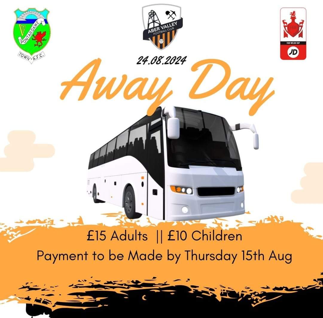 We have 2 coaches for the next round of the JD Welsh Cup 🟠⚫️

Payment required by Thursday to: 
The Aber Sports &amp; Social Club Ltd
201026 53445569 
Name as reference 

Seats not confirmed until payment received, limited free spaces available 
#COTA #Awaydays #JDWelshCup