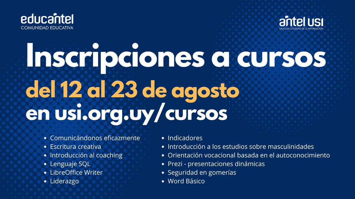 Red Antel USI y Educantel tienen el agrado de anunciar que desde el 12 y hasta el 23 de agosto es el período de inscripciones para los cursos a distancia a dictarse en setiembre por Educantel.

Más info en usi.org.uy