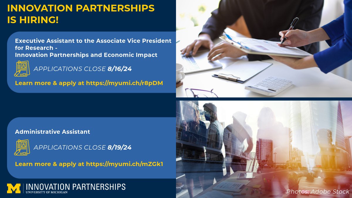 Innovation Partnerships is hiring for two exciting positions! We are looking for an Executive Assistant and an Administrative Assistant Assistant to join our team!

Learn more below!

Admin. Assist.: myumi.ch/mZGk1

Executive Assist.: myumi.ch/r8pDM