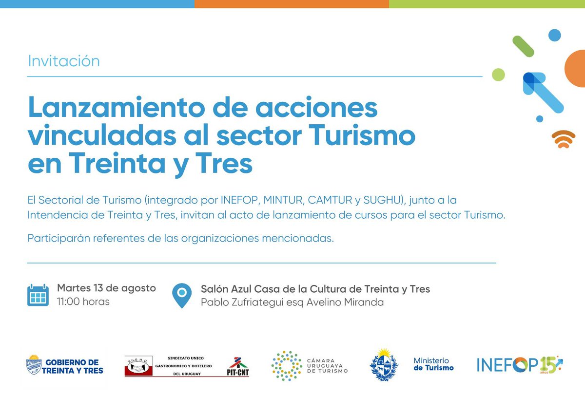 minturuy's tweet photo. La Sectorial de Turismo junto a la Intendencia de Treinta y Tres, invitan al acto de lanzamiento de cursos para el sector Turismo, a realizarse el martes 13/8 , a las 11 horas, en el Salón Azul de la Casa de la Cultura de Treinta y Tres
(Pablo Zufrategui esq. Avelino Miranda). https://t.co/NSKwvR0iZa