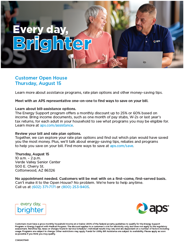 VVSeniorCenter's tweet photo. APS will be here August 15th, from 10am-2pm! Meet with an APS representative one-on-one to find ways to save on your bill! #cottonwoodaz #campverdeaz #jeromeaz #clarkdaleaz #beavercreekaz #verdevalleyaz https://t.co/lLSzfcFWLM