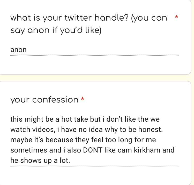 georgeiconfess's tweet photo. from anon: ‘this might be a hot take but i don’t like the we watch…’ I used to like them a little more when g watched bad movies rather than tv. also tbh I don’t like cam much in his own videos but I really like him in g’s collabs, feel like we get his actual personality there https://t.co/fAIWjRdSSG