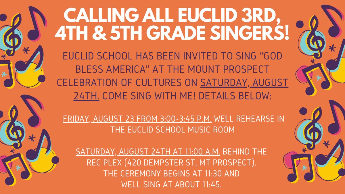Calling all Euclid 3rd, 4th &amp; 5th graders: Come sing with me on Saturday, August 24th! 🎶 Email me at mthompson@rtsd26.org to sign up!