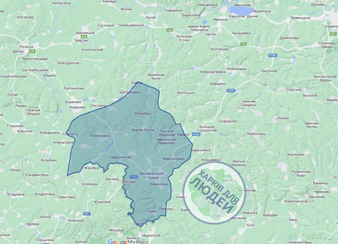 paverbool's tweet image. Ніяк з голови не виходило про 1000 км²  Накидав на карту по приколу - скільки це. Звісно, не хочеться маніпулювати конкретними населеними пунктами, але очевидно, що це значно більше, ніж малюють на всіх мапах.