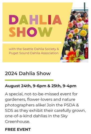 We're excited to be hosting this Special FREE Event for gardeners,flower-lovers &amp; nature photographers alike! Join PSDA &amp; SDS as they exhibit carefully grown, one-of-a-kind dahlias in Sky's Greenhouse.Organized by the Puget Sound Dahlia Assn, Seattle Dahlia Society &amp; Sky Nursery.
