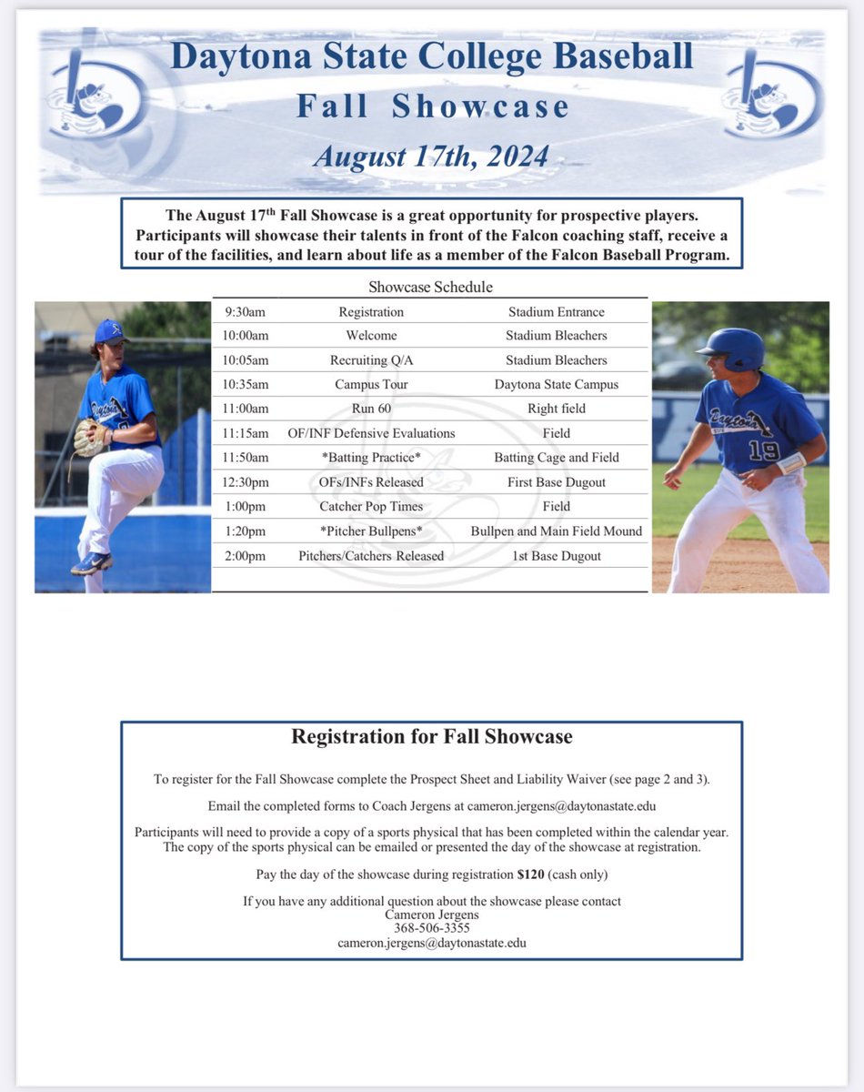 Daytona State Baseball Fall Showcase

This Saturday in front of the entire coaching staff! 

We will take you on a tour of the entire facility! From locker room, weight room, classrooms, student center and our state of the art dorm rooms!

Register here: dscfalcons.com/sports/bsb/DSC…