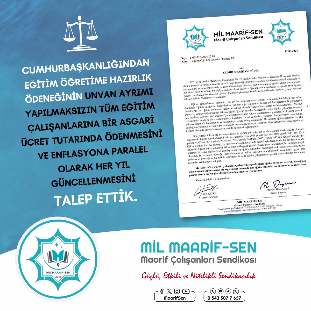 mimerkezi's tweet photo. Cumhurbaşkanlığından eğitim öğretime hazırlık ödeneğinin unvan ayrımı yapılmaksızın tüm eğitim çalışanlarına bir asgari ücret tutarında ödenmesini ve enflasyona paralel olarak her yıl güncellenmesini talep ettik. @MaarifSen @msmdgsn #MaarifSen #MilSen

https://t.co/w6gxq9XdhO https://t.co/swk7wl75P9