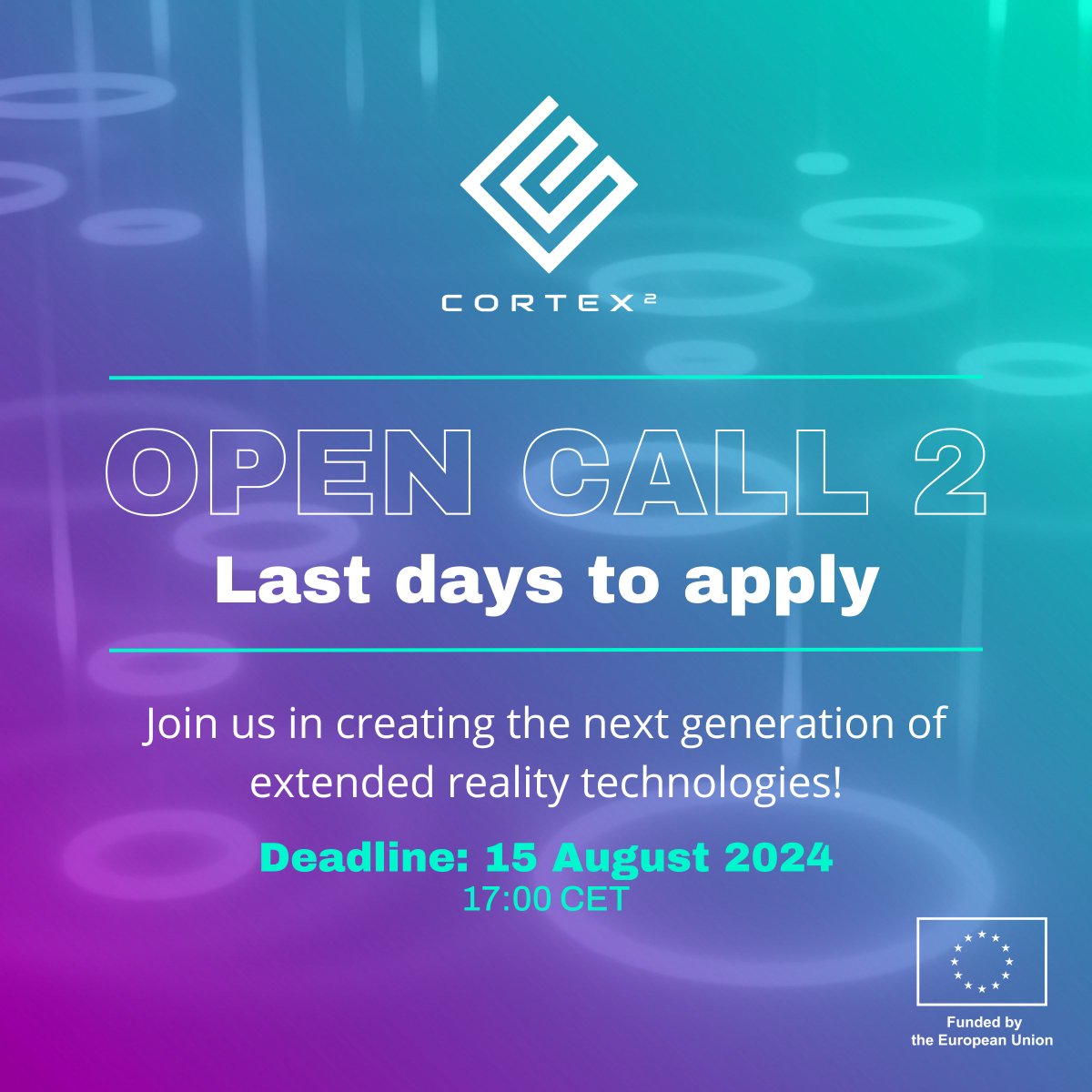 CORTEX2EU's tweet image. [LAST DAYS TO APPLY] 📢 Calling all EU tech startups/SMEs and research organisations!

Apply to our #OpenCall and receive up to €100k to co-develop our innovative XR teleconference platform.

🗓️ Deadline: 15 August 2024, 17:00 CET
➡️ cortex2.eu/open-calls/ope…

#CORTEX2opencall2