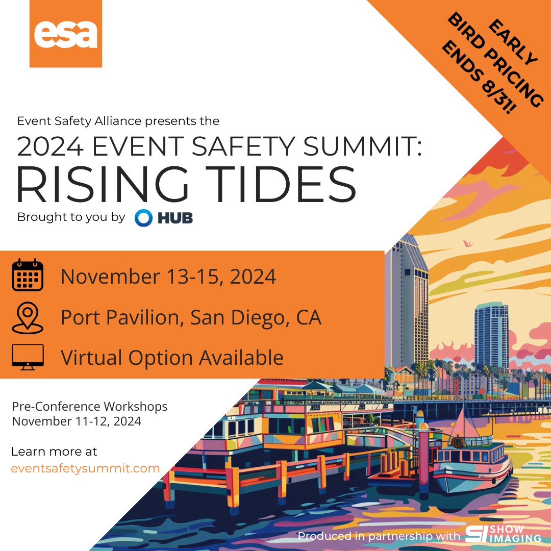 Event Safety Alliance (@eventsafety4all) on Twitter photo FAIR WARNING! Early bird pricing for the 2024 Event Safety Summit ends on 8/31. Don't miss your opportunity to join us in San Diego a discounted rate. Learn more and register at eventsafetysummit.com.
#eventsafety #eventprofs #eventsafetysummit #sandiego FAIR WARNING! Early bird pricing for the 2024 Event Safety Summit ends on 8/31. Don't miss your opportunity to join us in San Diego a discounted rate. Learn more and register at eventsafetysummit.com.
#eventsafety #eventprofs #eventsafetysummit #sandiego