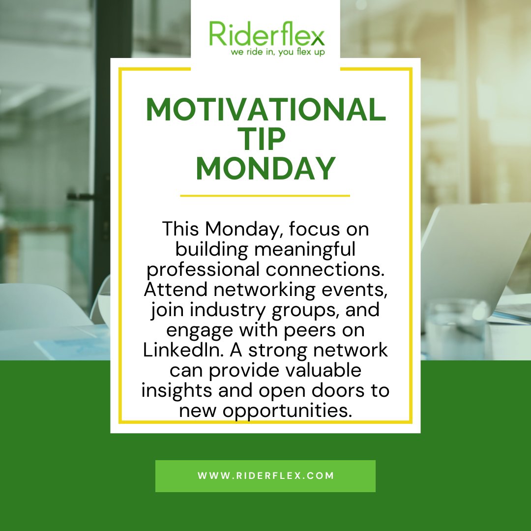Riderflex is your partner in expanding your professional network and finding your next career move. Let’s connect and grow together!

Riderflex.com | Info@riderflex.com

#MotivationalMonday #Networking #ProfessionalConnections #Riderflex #CareerOpportunities