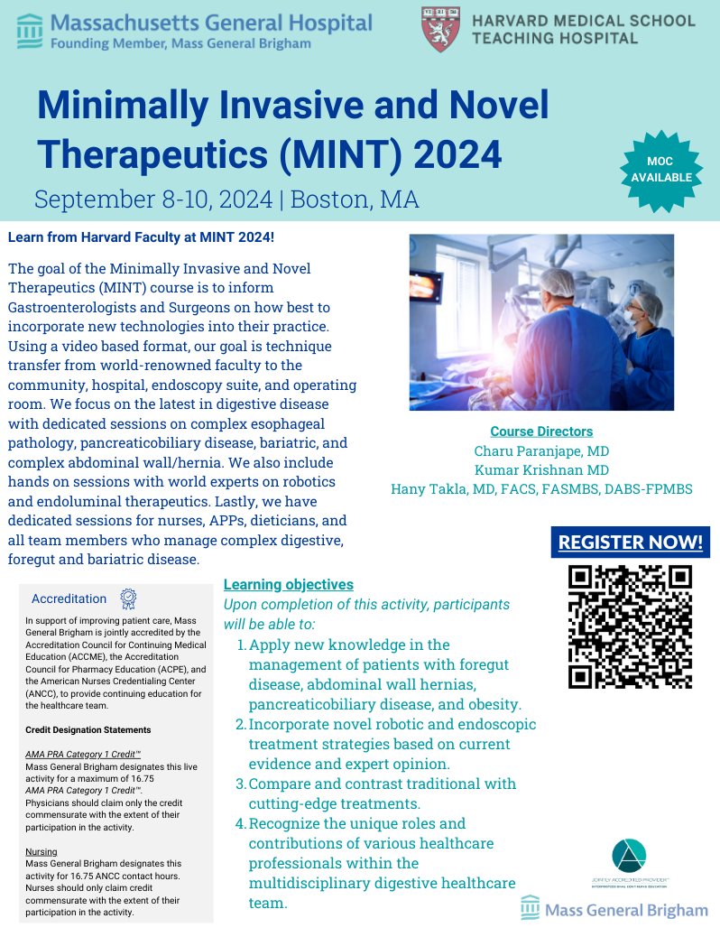 #MINT2024 offers hands-on skills sessions in both endoluminal therapies and surgical techniques taught by national and international experts. Register Today!
#Gastroenterology #Surgery #Endoscopy

cpdlearn.massgeneralbrigham.org/course/minimal…