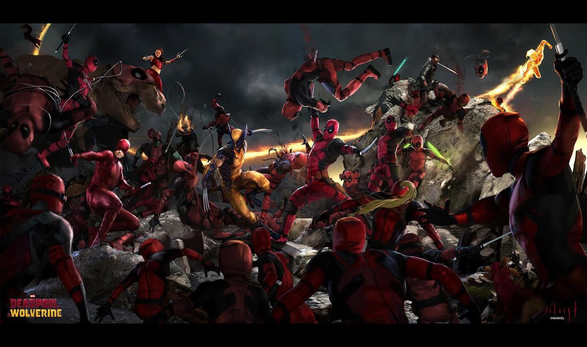 MyTimeToShineH's tweet photo. Nic Cage's Ghost Rider and Ben Affleck's Daredevil in a new official concept art for #DeadpoolAndWolverine https://t.co/8eIalmx5eR