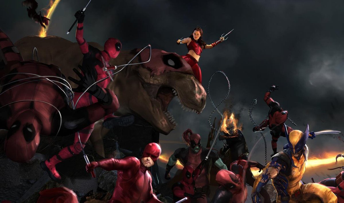 CultureCrave's tweet photo. New #DeadpoolAndWolverine concept art featuring Ben Affleck’s Daredevil, Nicolas Cage’s Ghost Rider, Dinopool, lightsabers, and more https://t.co/kseyExSxDV