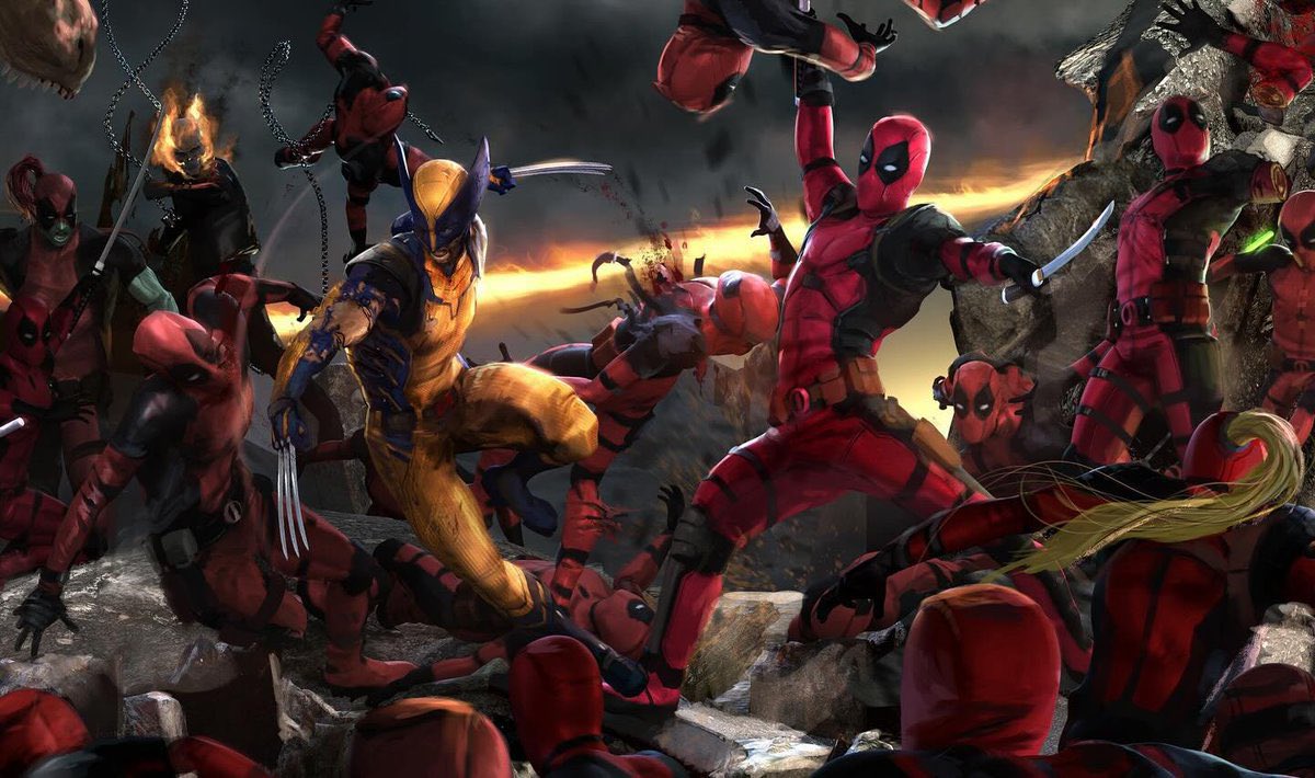 CultureCrave's tweet photo. New #DeadpoolAndWolverine concept art featuring Ben Affleck’s Daredevil, Nicolas Cage’s Ghost Rider, Dinopool, lightsabers, and more https://t.co/kseyExSxDV
