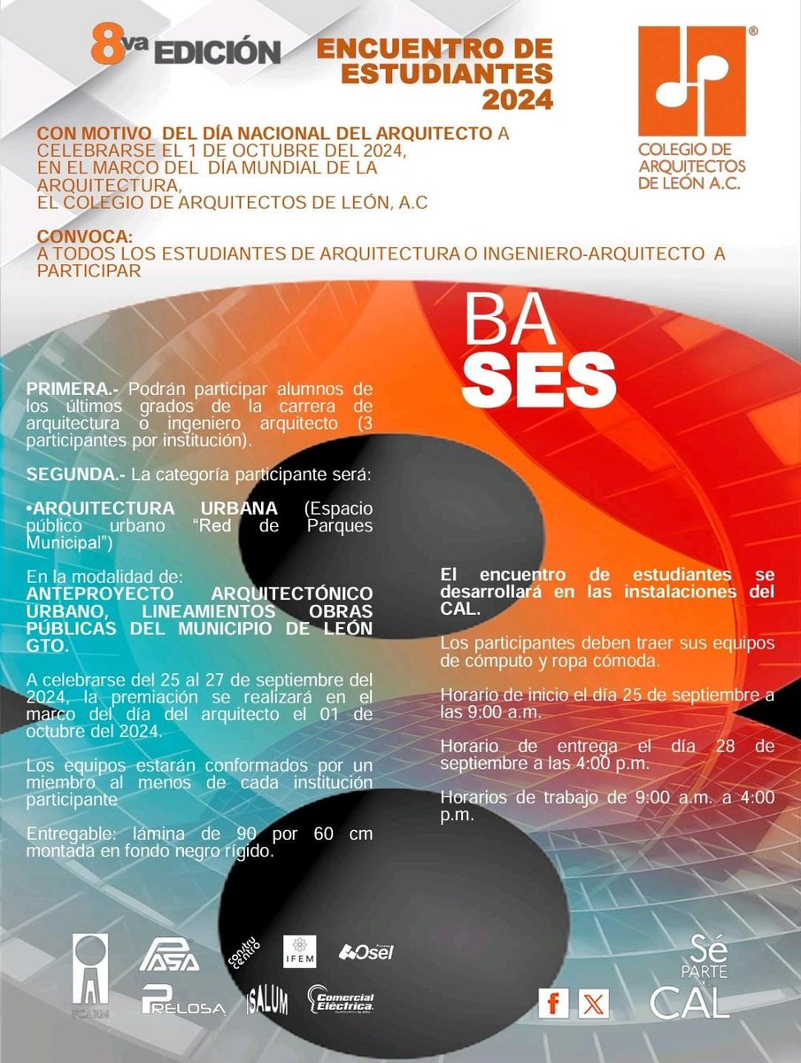 El Colegio de Arquitectos de León te invita:
Participa en la 8va edición del ENCUENTRO DE ESTUDIANTES 2024 👩‍🎓🧑‍🎓
Para más información DM
<a href="/IberoLeon/">Ibero León</a> <a href="/ULaSalleBajio/">La Salle Bajío</a> <a href="/Uepca/">Universidad EPCA</a> @UNIVALeon <a href="/UdeGuanajuato/">Universidad de Guanajuato</a>