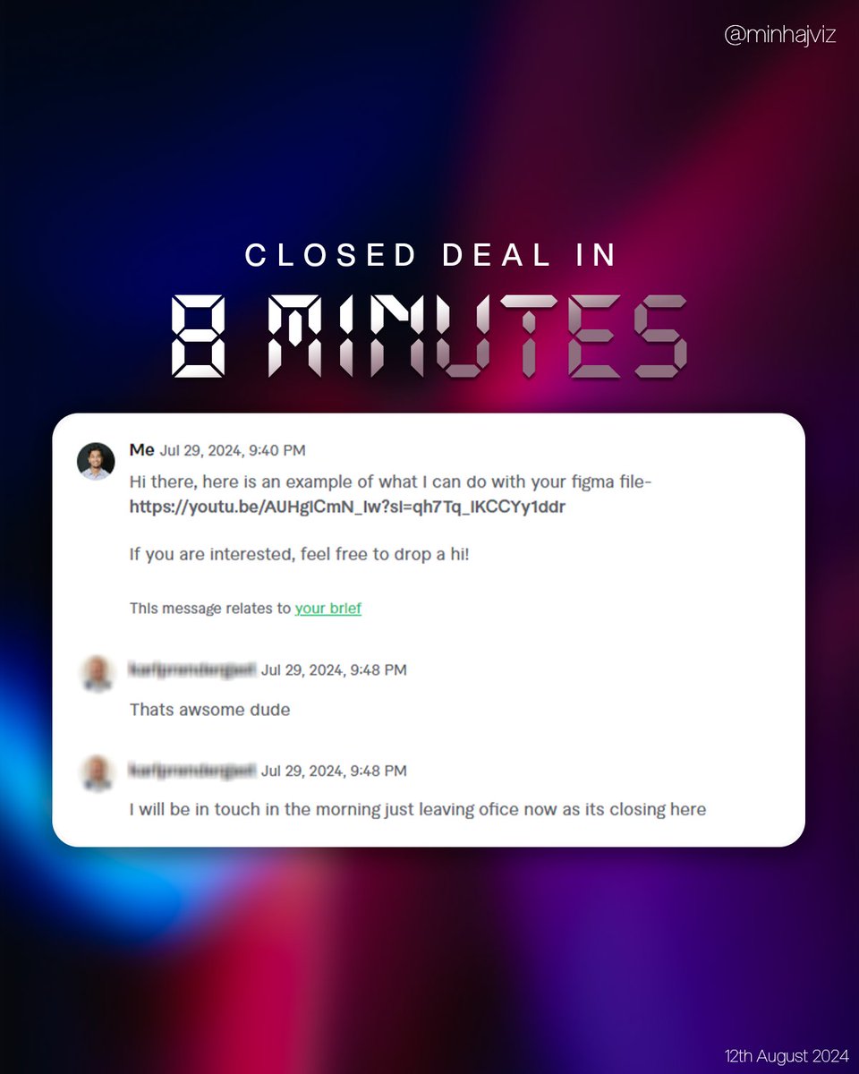 minhaj_mr7's tweet photo. Here’s how my 2-liner got me a job in 8 minutes! ⏱️

Identify the Key Problem: I read the job post and found they needed animation for their Figma file.

Craft a Short Message &amp; attach relatable example
#fiverr #freelancer #tipsandtricks https://t.co/mQzoY5m0Gx