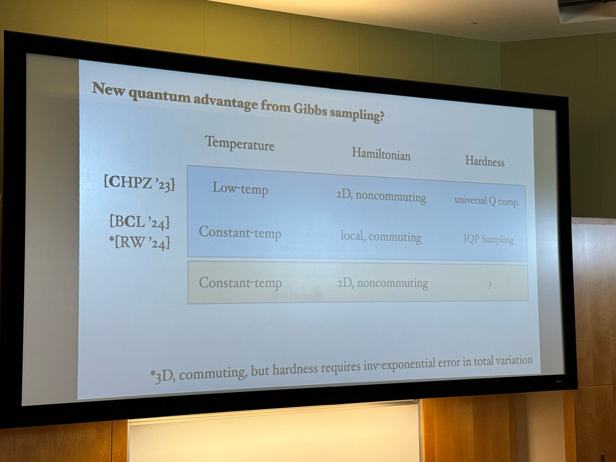 zlatko_minev's tweet photo. Quantum advantage from Gibbs sampling?
Anthony (Chi-Fang) Chen @Caltech at #QSim tells us:
A very low temperature bath is very powerful! - you just have to crank down the temperature https://t.co/wKcQNnaFQK