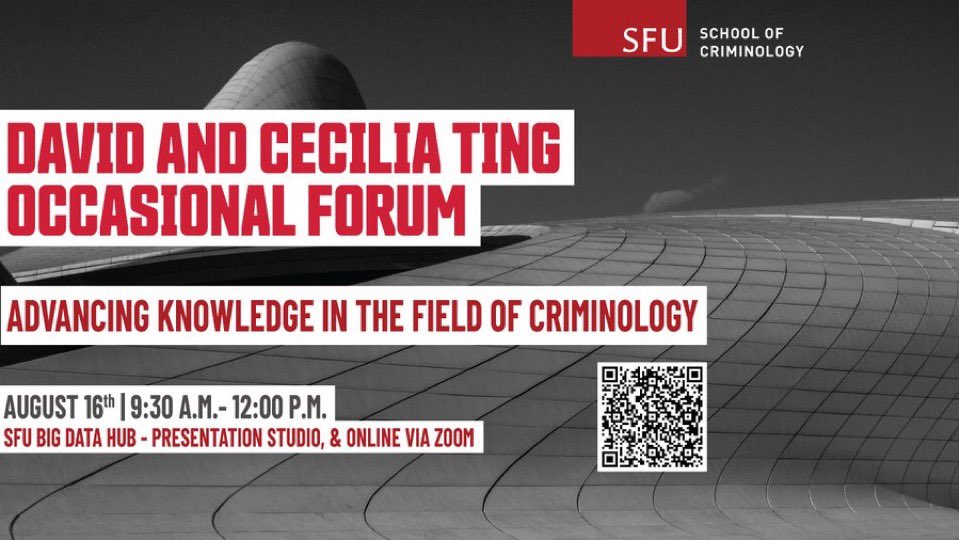 A reminder that our <a href="/sfucriminology/">SFU Criminology</a> Ting Forum featuring Drs Jean McGloin and John Eck takes places this Friday, Aug 16 at 9:30am PST. 

In-person and Zoom options are available for this FREE event. 

To register, go to: ow.ly/uefi50SJql6

Hope to see you there!