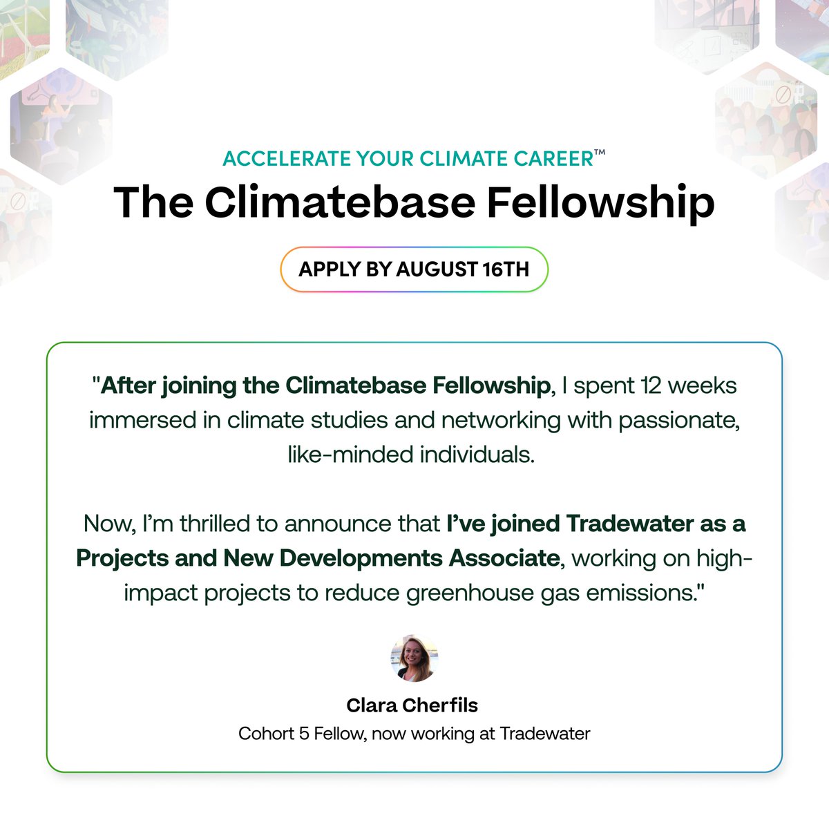 Clara Cherfils shares her journey from an aspiring climate professional to an impactful changemaker, supported by the Climatebase Fellowship.  

We love seeing how the right guidance, community, and resources can accelerate your path in the climate space!

🚀 Applications for