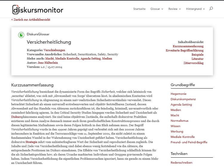 Auch in aktuellen Diskursen wieder vielfach zu beobachten: "Versicherheitlichung zehrt von der Unhinterfragbarkeit des Werts der Sicherheit und befördert diese zugleich." <a href="/JensHalterlein/">Jens Hälterlein</a> gewährt im DiMo Einblicke in die Forschung mit spannenden Beispielen: diskursmonitor.de/glossar/versic…