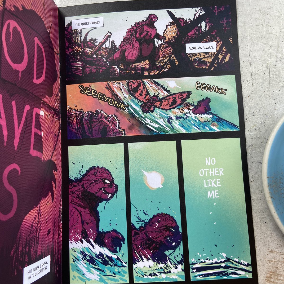 KineticRadio's tweet photo. @jeremyhyler ‘s new book Godzilla: Peace on Earth is something to behold. Jeremy’s writing punches you in the gut with emotions and his honest line work makes me want to hit the table to get better. 
Read this, now. https://t.co/OgjO11SLqA