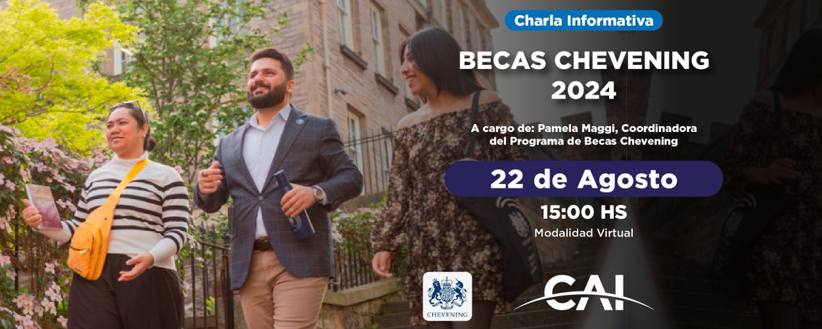 ¡Beca Chevening! 🇬🇧
Charla virtual el 22/8 a las 15:00 hs con Pamela Maggi. Informate sobre los requisitos para postularte, beneficios de la beca y más.
¡Inscríbete ahora ➡️ cai.org.ar/beca-chevening/

#Chevening #Becas #ReinoUnido #EstudiarEnElExtranjero