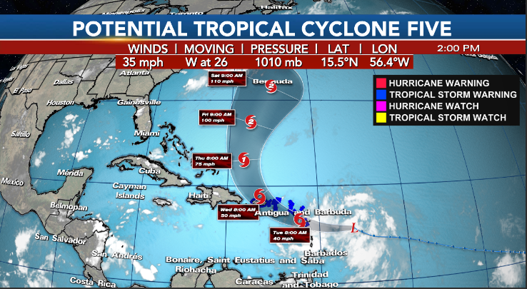bradleybwx's tweet photo. Although still disorganized, PTC5 is on its way to becoming the season's next named storm and eventually hurricane (Ernesto). TS warnings are up for US Virgin Islands and PR. Bermuda still on guard for a potential hurricane strike this weekend. Watching closely. #Tropicswx #PTC5 https://t.co/0rOTNiMW4t
