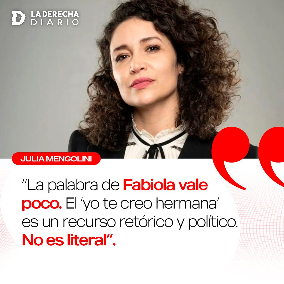 laderechadiario's tweet photo. ��🇷 | La ultra-kirchnerista Julia Mengolini defendió al expresidente golpeador Alberto Fernández y despreció a Fabiola Yañez: "La palabra de Fabiola vale poco. Cuando nosotras decimos 'yo te creo hermana' es un recurso retórico y político, es un principio general. No es literal". https://t.co/eLdkaeqIia