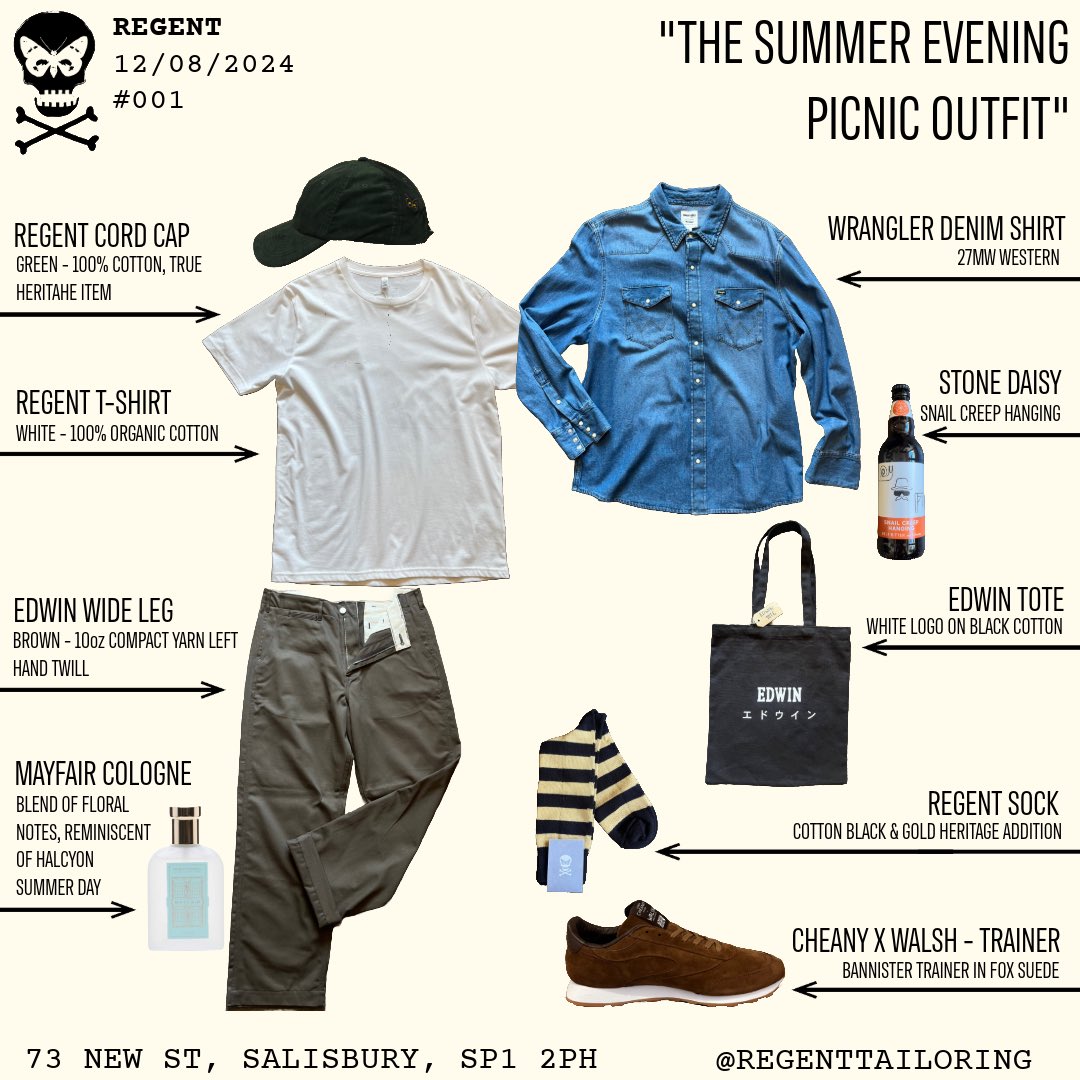 THE SUMMER EVENING PICNIC OUTFIT…

This outfit is perfect for a hot summers evening, nothing is a better than a plain t-shirt and wide leg chinos to keep it breezy! The Edwin tote bag is perfect to carry essentials like stone daisy ale 🌼 
regenttailoring.co.uk