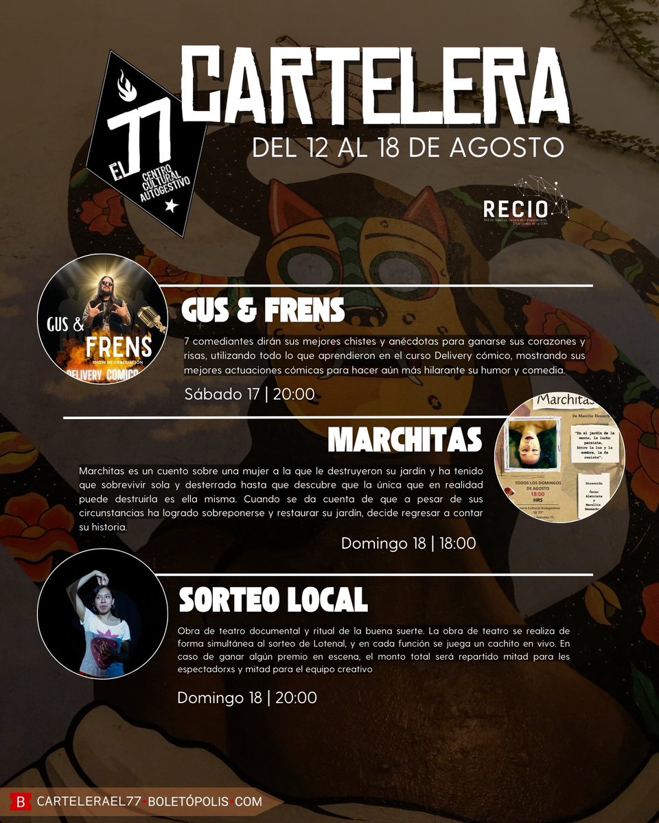 el77cultural's tweet image. 👋🏽LLEGÓ LA CARTELERA DE ESTA SEMANA👋🏽
¡Teatro, stand up y más! 🔥

#CarteleraEl77 🌟
Del 12 al 18 de agosto 

Compra tus boletos en
🎟️cartelerael77.boletopolis.com
