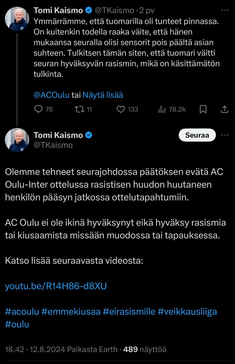 Tässä on erittäin ikävä esimerkki toiminnasta, joka antaa tilaa rasismille. Ensin mennään täyteen siilipuolustukseen, ja aikaleimoista päätellen vasta usean päivän päästä kerrotaan toimista. Ei näin! Kyse ei ole siitä, onko tunne oikea. Teko on yksiselitteisesti väärä.