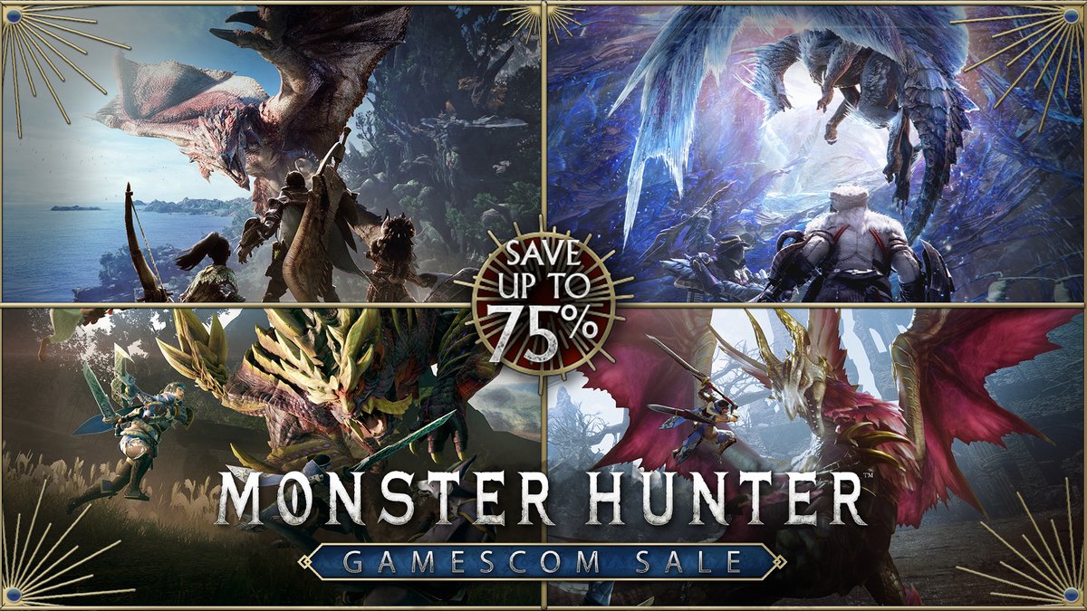monsterhunter's tweet photo. If the presence of Monster Hunter Wilds at Gamescom has you hungry for more monster slaying goodness, then take part in a feast of discounts during our Monster Hunter Gamescom Sale on Steam! Save up to 75% off for a limited time!

🍖 https://t.co/QIwqfdn0Hf https://t.co/9oPIcTC4tj