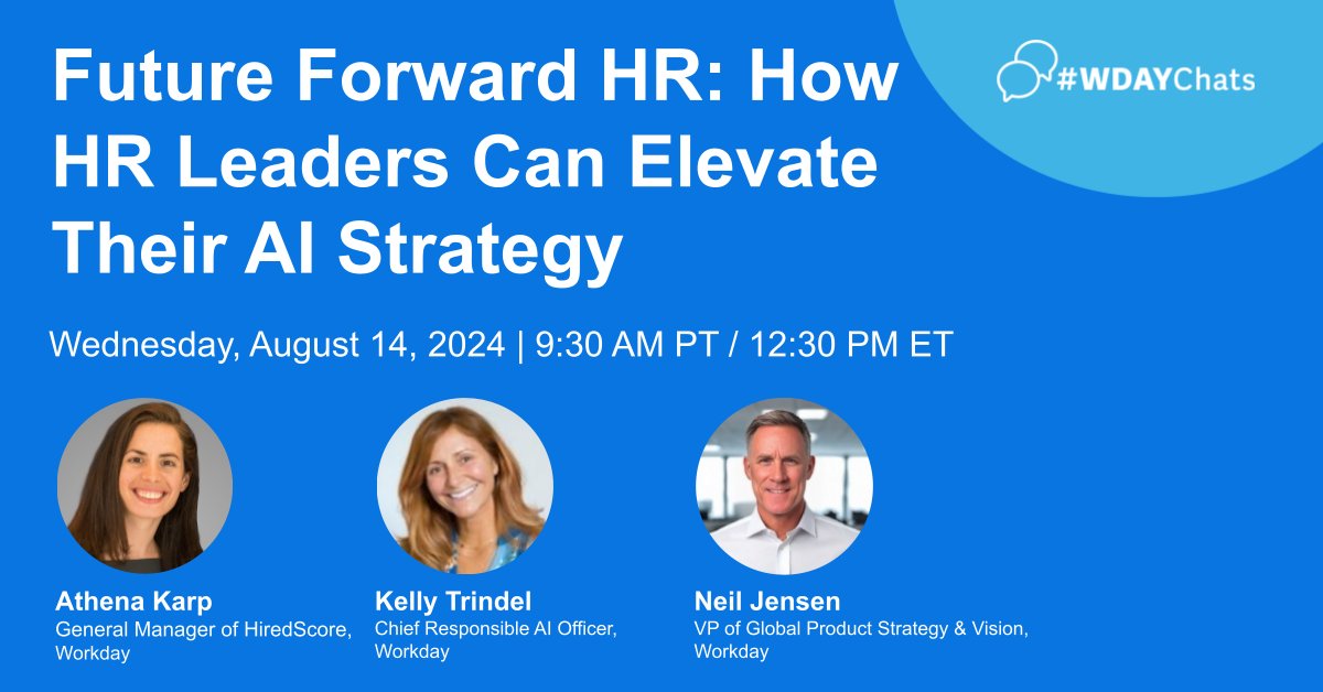 Workday's tweet image. Ready to take your AI strategy to the next level? Don&apos;t miss our upcoming Future Forward HR broadcast on August 14th: w.day/3WH3fPo #WorkdayAI #WDAYChats