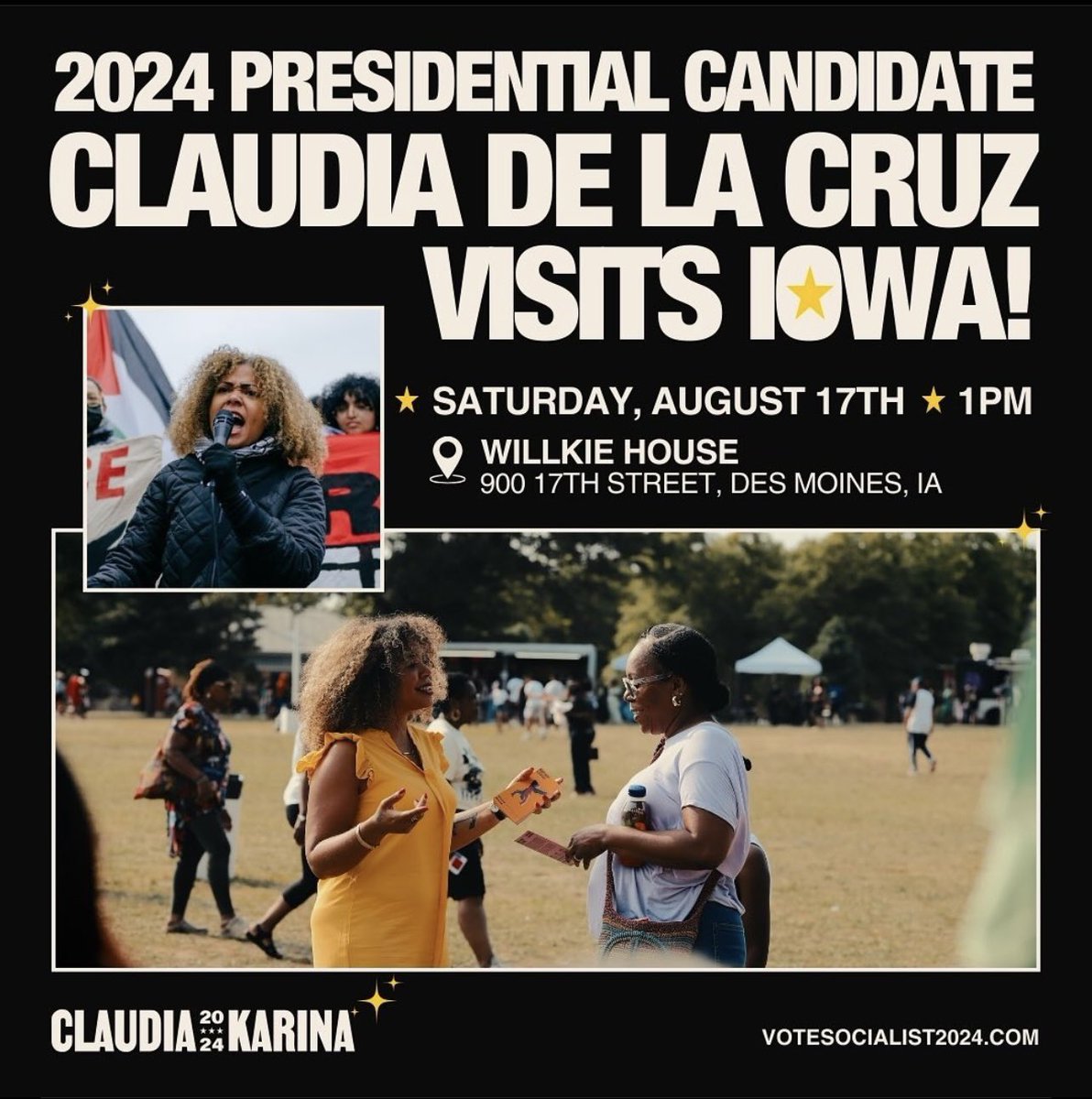 ⭐️This weekend in Des Moines, Iowa – meet socialist Presidential candidate Claudia De la Cruz! 

The Democratic party has failed to protect abortion access, to end the war on Black America, and is currently carrying out a genocide in Gaza and continuing Trump’s racist border