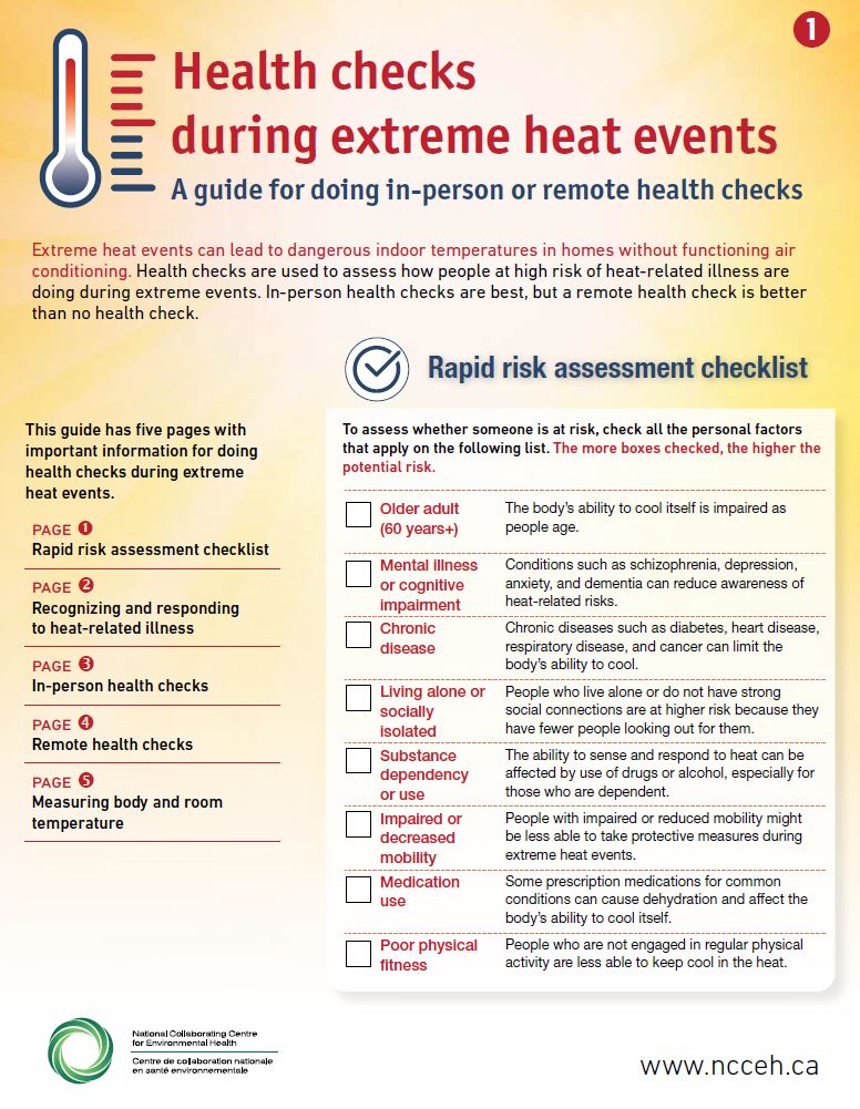 Health checks during extreme heat events resource! This tool from the NCCEH was designed to help support people doing heat checks by providing all the key information and guidance in a 5-page package. #Nurses4PlanetaryHealth <a href="/ncceh/">NCCEH | CCNSE</a> bit.ly/3A0jeQG