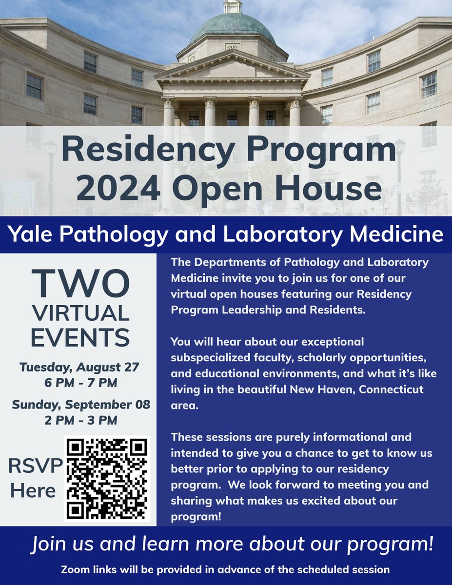 Yale Lab Medicine (@yale_labmed) on Twitter photo MARK YOUR CALENDARS! đź“…âś…Yale #LabMed & #Pathology invite you to our #PathologyOpenHouse. Join one of our virtual open houses featuring our Residency Program Leadership and residents <a href="/YalePathRes/">Yale Pathology</a> Tuesday, August 27th 6 PM - 7 PM or Sunday, September 8th 2 PM - 3 PM
Registration MARK YOUR CALENDARS! đź“…âś…Yale #LabMed & #Pathology invite you to our #PathologyOpenHouse. Join one of our virtual open houses featuring our Residency Program Leadership and residents <a href="/YalePathRes/">Yale Pathology</a> Tuesday, August 27th 6 PM - 7 PM or Sunday, September 8th 2 PM - 3 PM
Registration