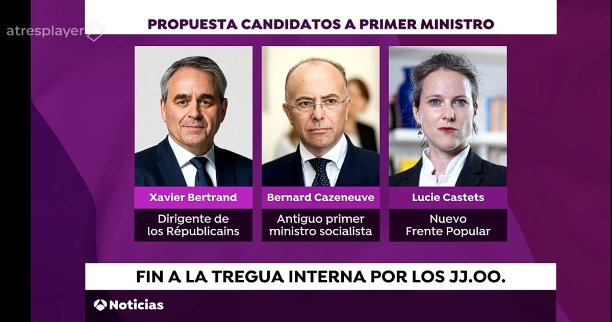 En España, según <a href="/A3Noticias/">Antena 3 Noticias</a> <a href="/xavierbertrand/">Xavier Bertrand</a> esta entre los futuros candidato para ser Primer Ministro. <a href="/FredericAlliot/">Frédéric ALLIOT</a> <a href="/NousFrance_fr/">Nous France</a>. Le meilleur
