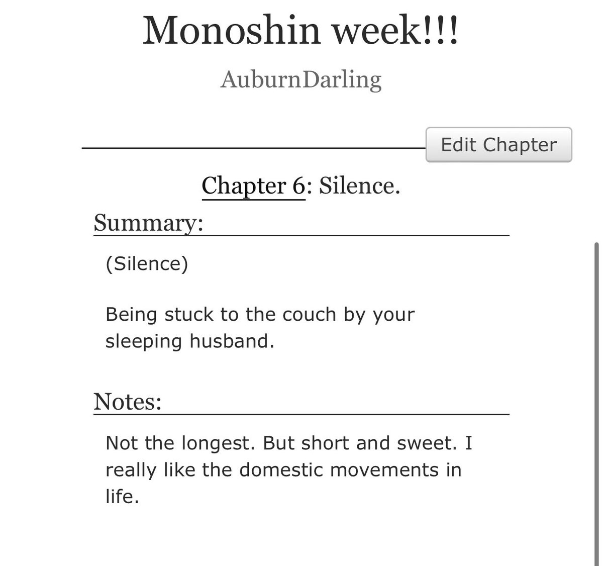 School is starting up so of course I got a little distracted. 

But here is day 6 of #monoshinweek2024 

🔗 archiveofourown.org/works/57938941