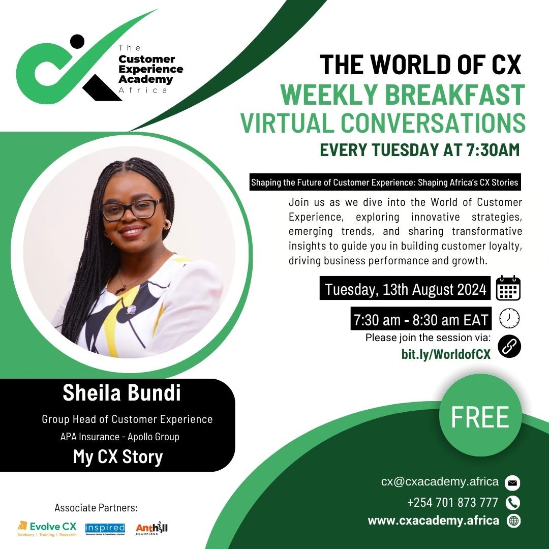 Happening Now 🎉

Join us Every Tuesday for an inspirational CX Story!

🗓️Day: Every Tuesday
⏰Time: 7:30 AM - 8:30 AM (EAT)
🔗Zoom Link: bit.ly/WorldofCX
💰FREE !!!

#TheCXAcademyAfrica #MyCXStory #TheWorldofCX #CXconversations #CXquote #AfricanCXStories
