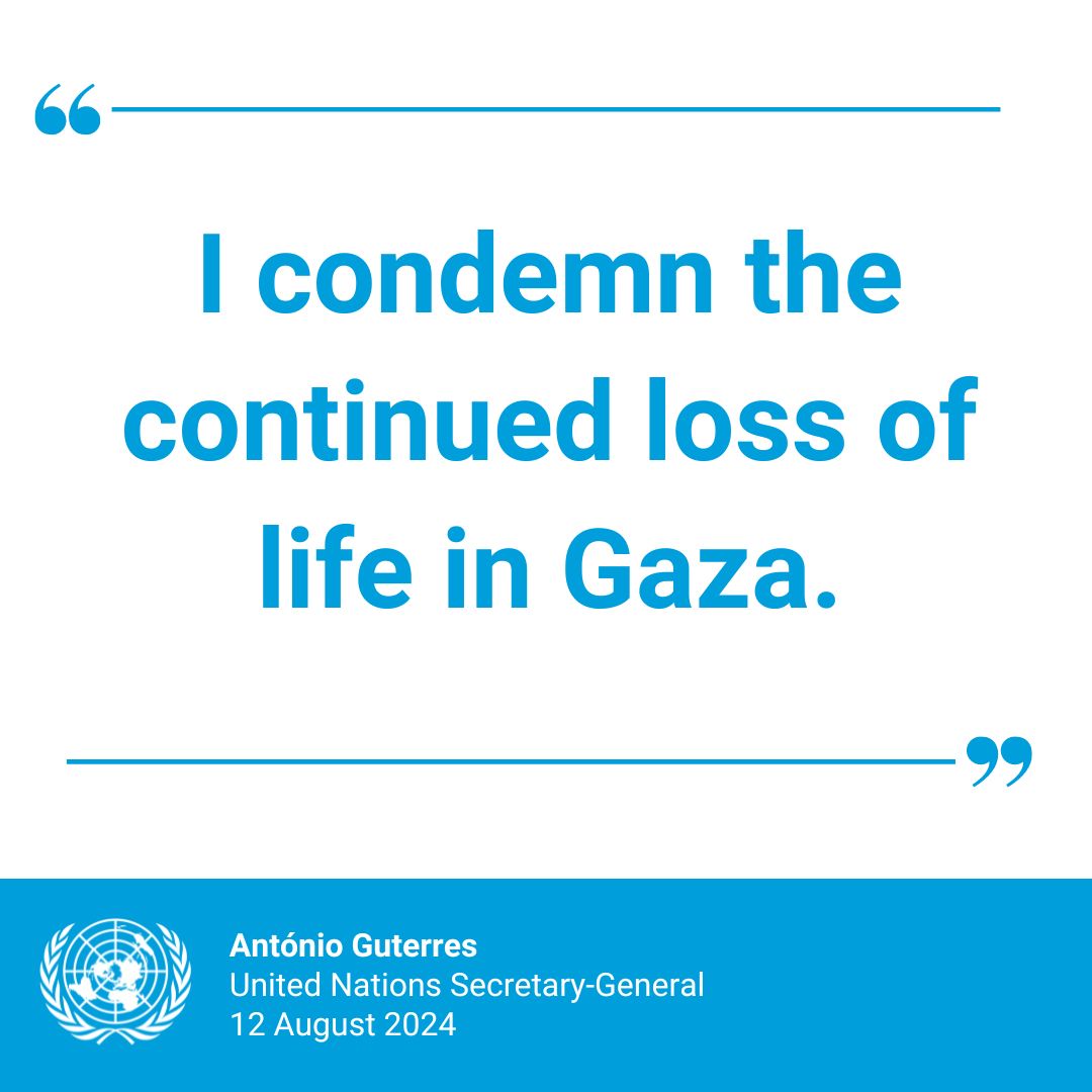 “I condemn the continued loss of life in Gaza.”

Following this weekend’s devastating strike by Israel on a school, <a href="/antonioguterres/">António Guterres</a> reiterates his urgent appeal for an immediate ceasefire &amp; the unconditional release of all hostages. un.org/sg/en/content/…