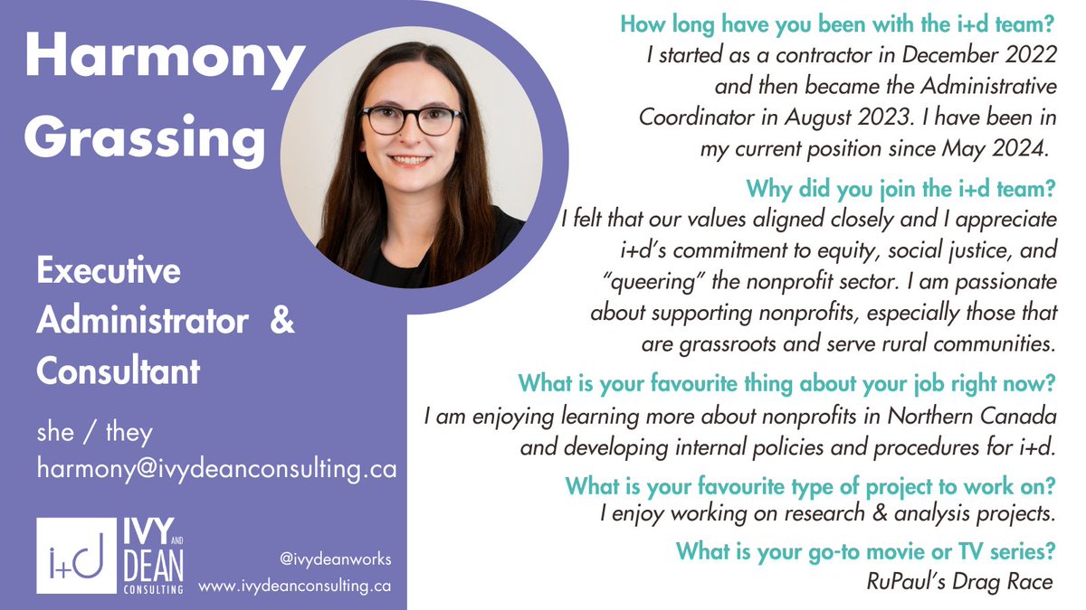 IvyDeanWorks's tweet photo. 💜Meet the Team Monday 💜
Meet Harmony, who has held various positions on our i+d team over the years. Learn more about Harmony below!
#ivydeanworks #skconsulting #nwtconsulting #nonprofits https://t.co/M9xehtNmM6