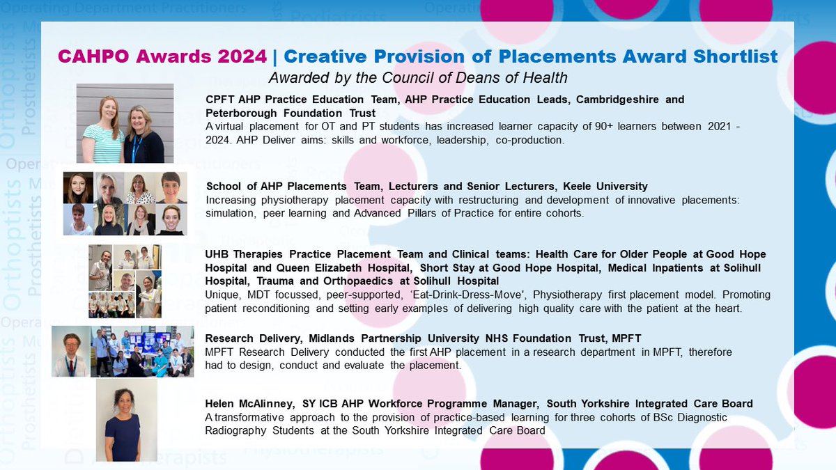 🚨Shortlist for the #CAHPO Creative Provision of Placements Award 2024
 
🌟 This award recognises #AHP leaders, educators and/or students who have helped change the face of #AHP practice-based learning
 
🌟 Awarded by <a href="/councilofdeans/">Council of Deans of Health</a> 

<a href="/WeAHPs/">WeAHPs 💙</a>