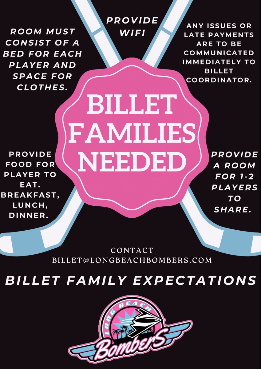 Hey Bomber Fans✈️💥💣

The 2024-2025 USPHL Premiere season is approaching and the Bombers want you! We are searching for billet families in the area, to help house players. Let’s spread the word and get it out there. For more information or inquiries please email