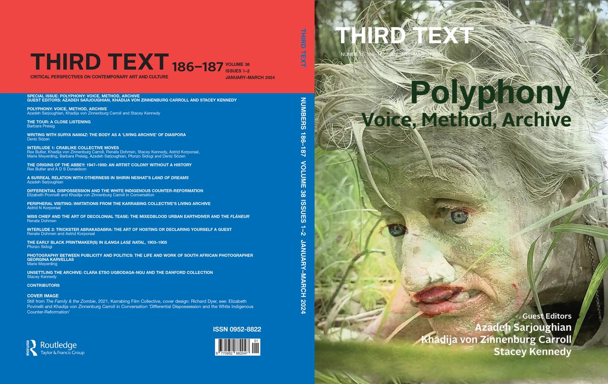 Third Text Journal (@thirdtext_) on Twitter photo It's here: Third Text 186-187 has now arrived.
This special issue, titled 'Polyphony: Voice, Method, Archive,' is guest edited by Azadeh Sarjoughian, <a href="/KhadijaZC/">Khadija von Zinnenburg Carroll</a>, and Stacey Kennedy.
The full issue is available to read online; print copies forthcoming:
tandfonline.com/toc/ctte20/38/… It's here: Third Text 186-187 has now arrived.
This special issue, titled 'Polyphony: Voice, Method, Archive,' is guest edited by Azadeh Sarjoughian, <a href="/KhadijaZC/">Khadija von Zinnenburg Carroll</a>, and Stacey Kennedy.
The full issue is available to read online; print copies forthcoming:
tandfonline.com/toc/ctte20/38/…